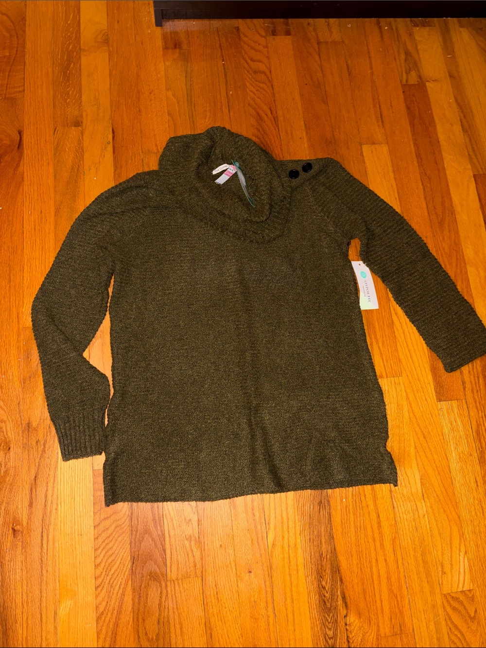 Pink Clover Olive Green Cowl Neck Sweater with Shoulder Buttons
